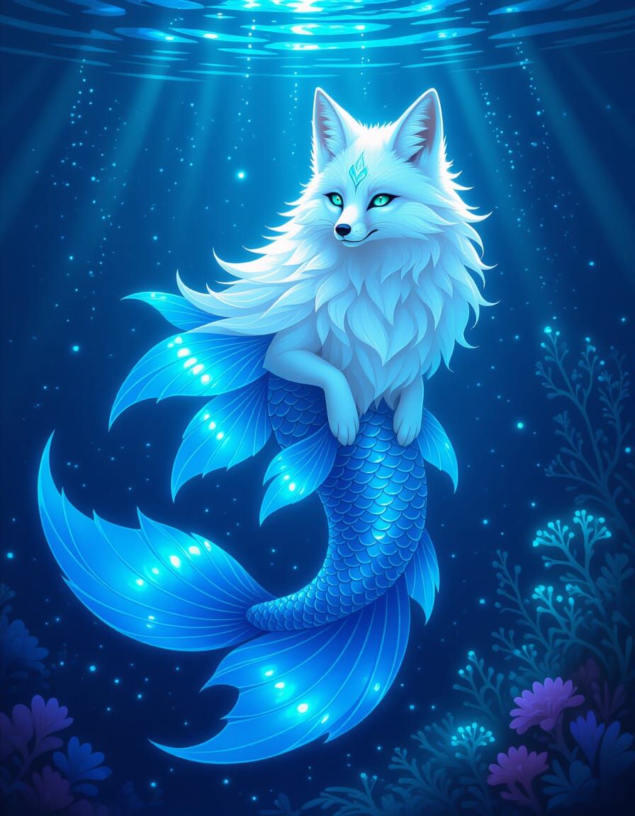 Mythical Mermaid Fox in Bioluminescent Deep Sea