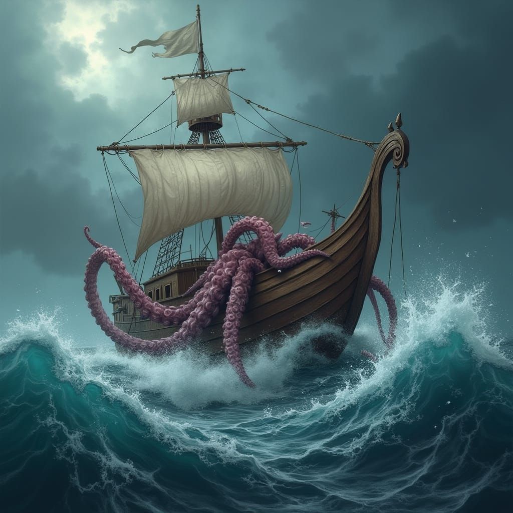 Wooden Ship Under Attack by Giant Octopus