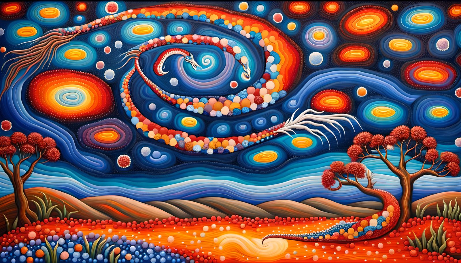 Rainbow Dragon Dreamtime Art in Impasto Oil Style