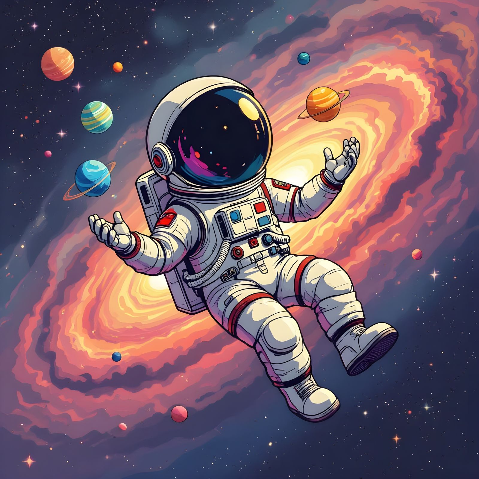 Astronaut Juggling Planets in Retro Sci-Fi Style