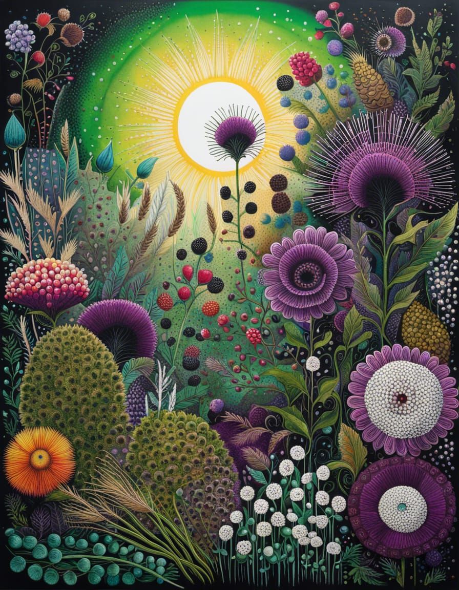 Intricate Mixed Media Garden Painting with Abstract Patterns