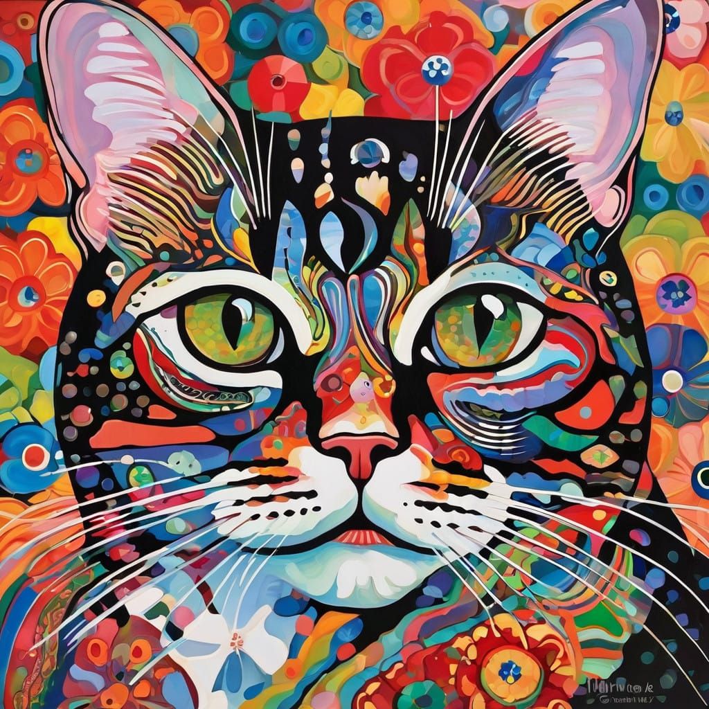 A cat painting inspired by Akseli Gallen-Kallela and Maria Prymachenko and Takashi Murakami