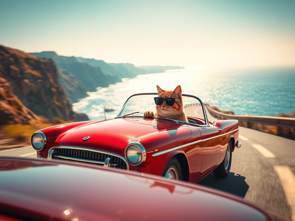 Cool Cat Drives Vintage Car on Coastal Road