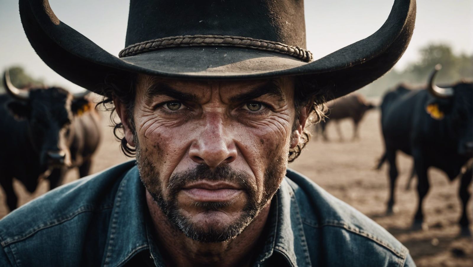 Angry Black Bull Portrait with Cowboy Backdrop