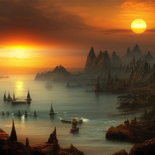 Dramatic Sunset Over the Bay Digital Matte Painting