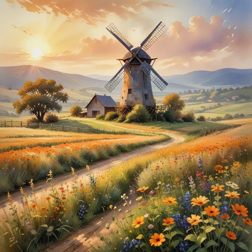 Impressionist Windmill with Wildflowers and Pumpkins in Gold...