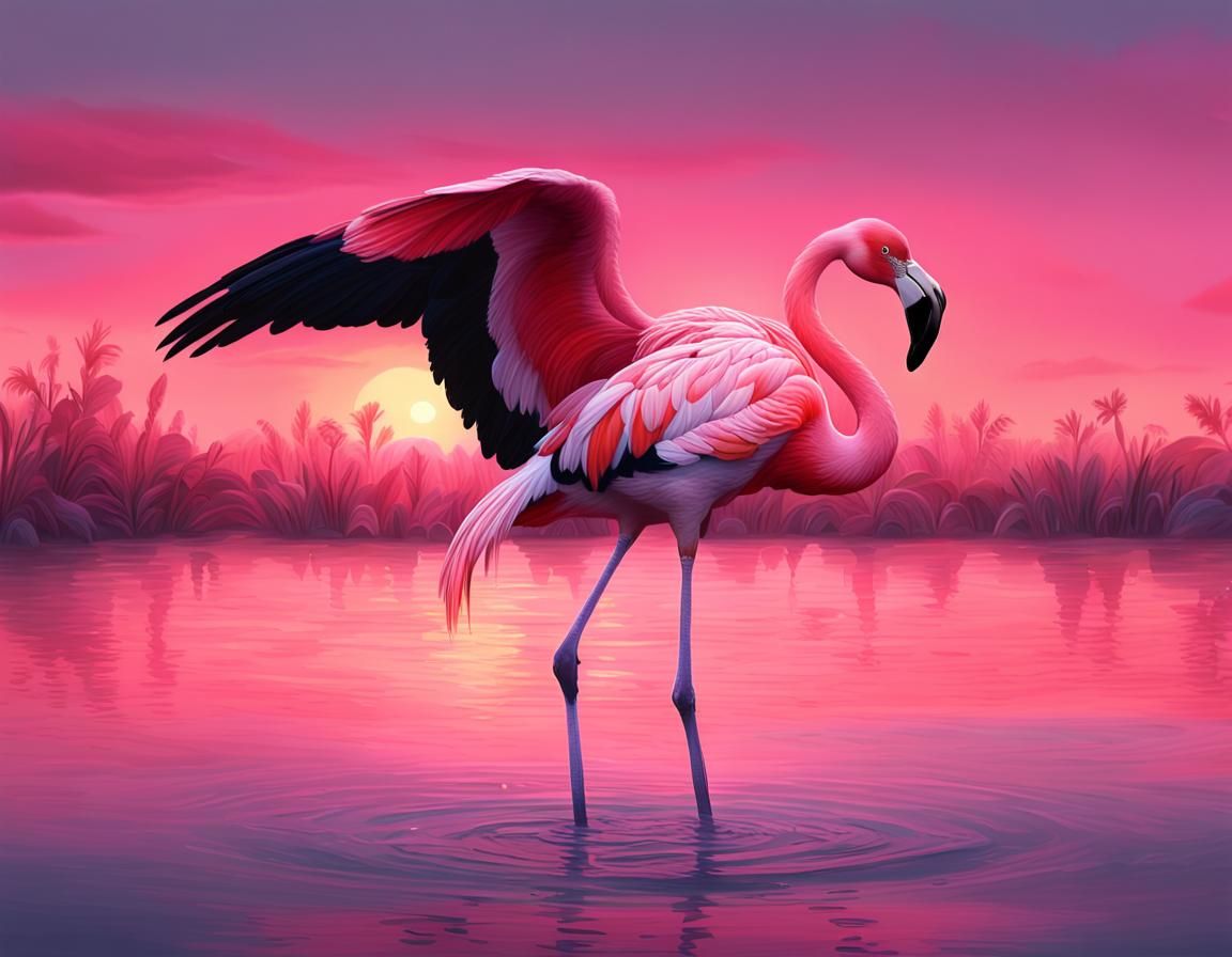 Graceful Flamingo in Sunset Lagoon: Digital Art