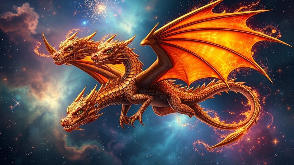 Three-Headed Dragon Soaring Through Nebula with Mechanical W...