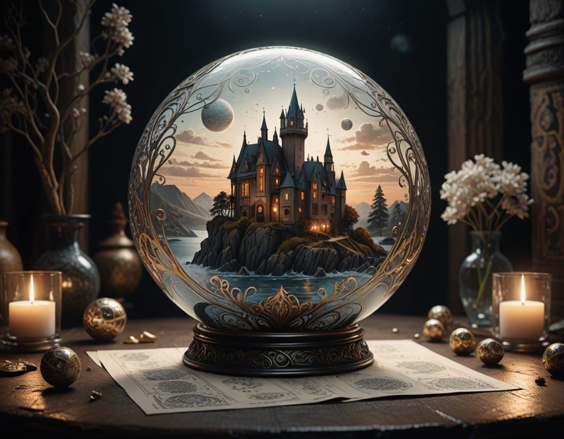 Crystal Orb on Engraved Wood Base, Weighted by Snow, Reveals...