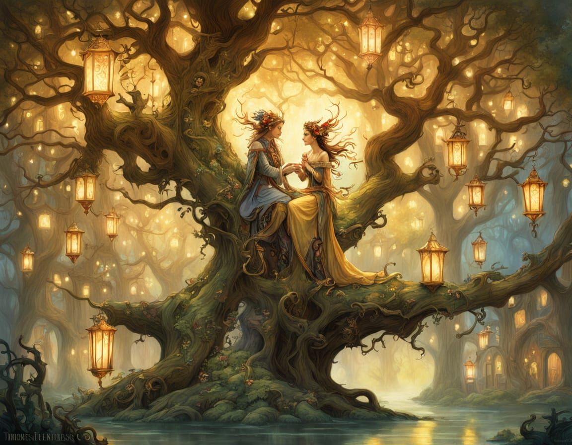 Elven City in Oak Tree: Fantasy Illustration