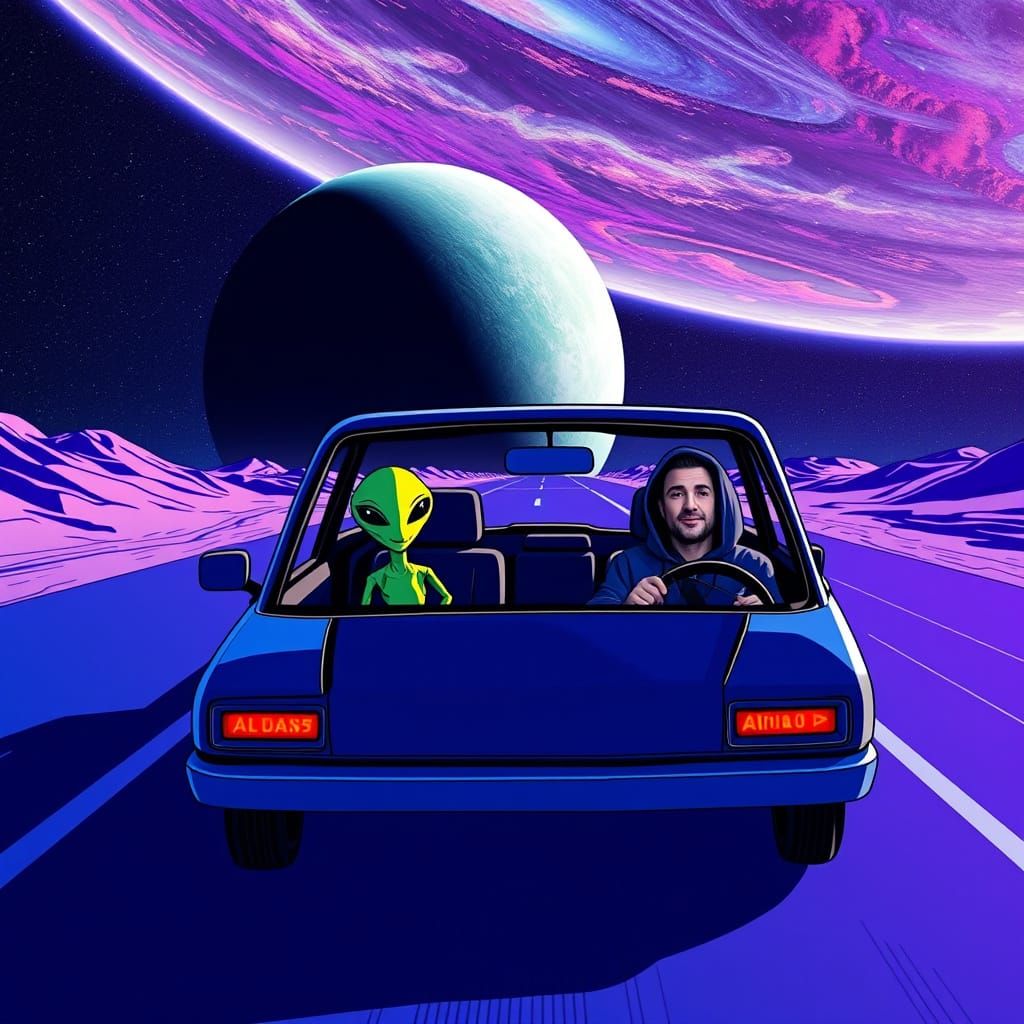 Cosmic Road Trip with Alien Passenger and Human Driver