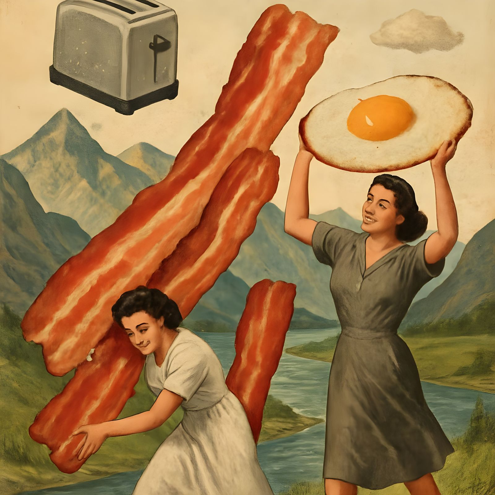Surreal Vintage Collage: Bacon, Eggs, and Toaster