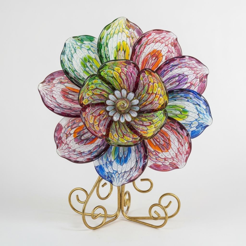 Colorful Glass Flower Sculpture on Gold Base