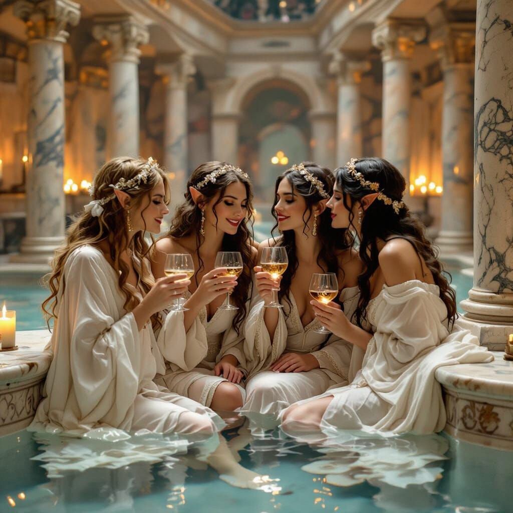 Elven Women Celebrate in Roman Bathhouse, Art Nouveau Style