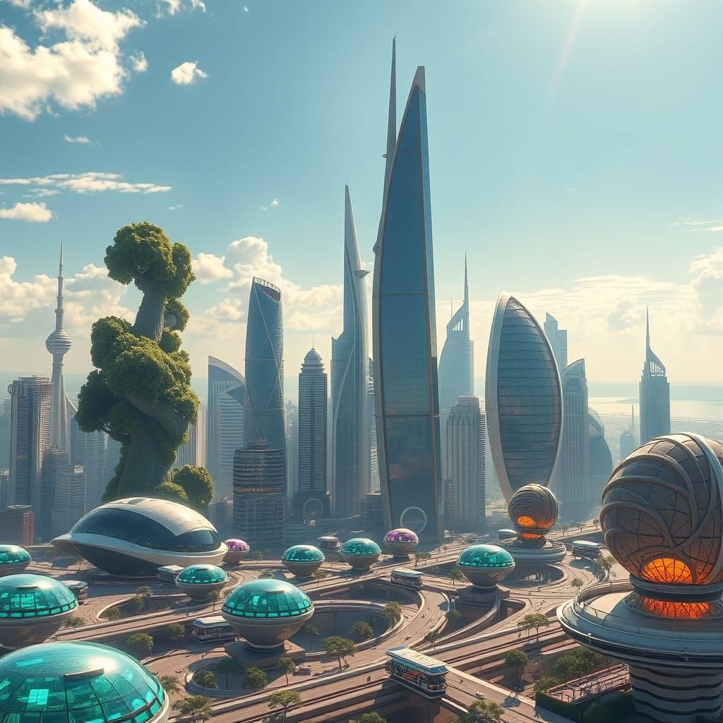 Surreal Futuristic Metropolis Unfolds Under Radiant Sky