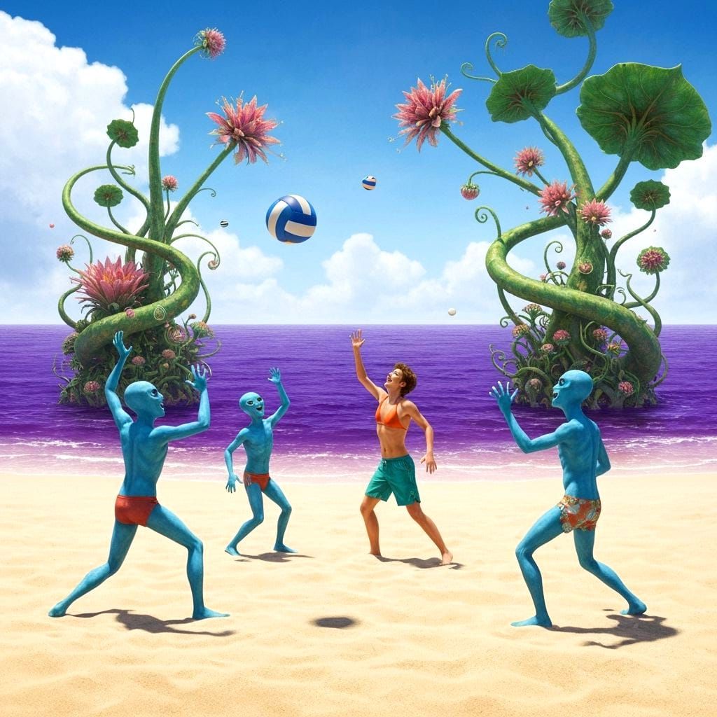 Beach Volleyball with Blue Aliens in Fantastical Landscape