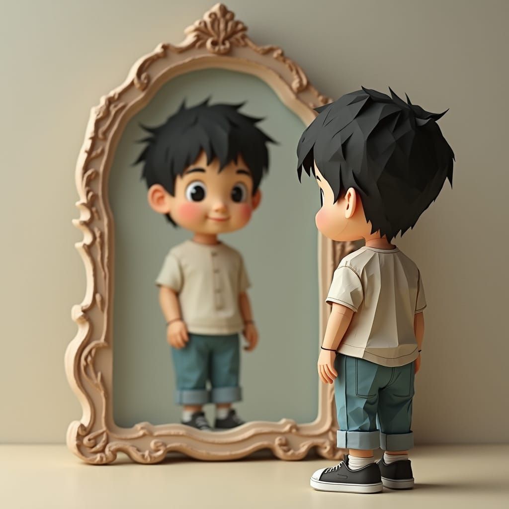 Boy Contemplating Origami Reflection in Antique Mirror