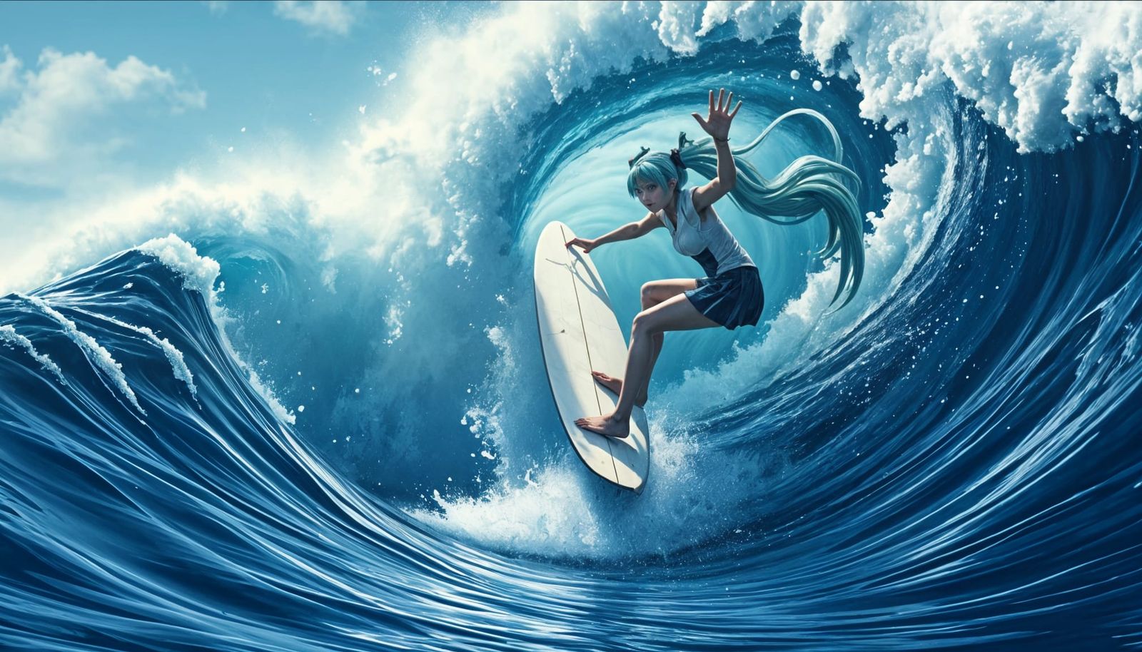 Miku Rides a Hyperrealistic Wave in Stunning Surfing Scene