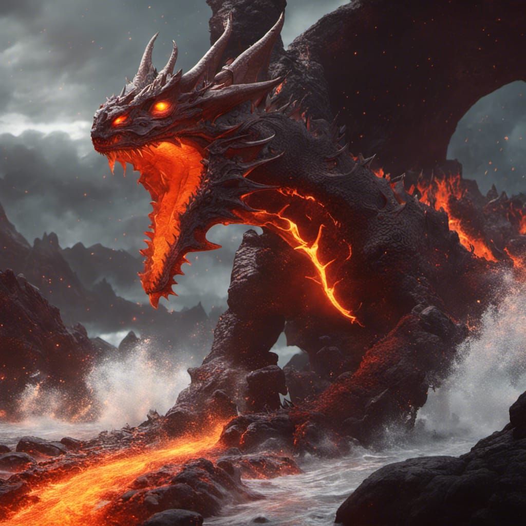 Dragon Surfing Lava Pools in Dark Fantasy Style