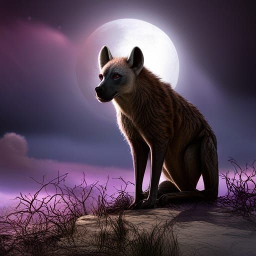 Green-Eyed Hyena in Dark Fantasy Landscape