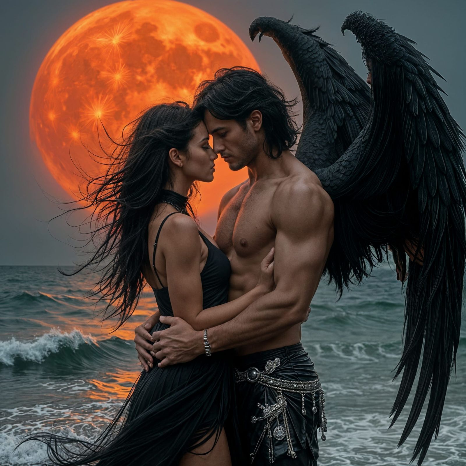 Dark Romantic Couple Under the Red Moon