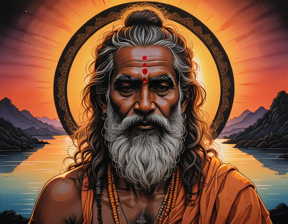 Meditative Sadhu in Sunset Aura