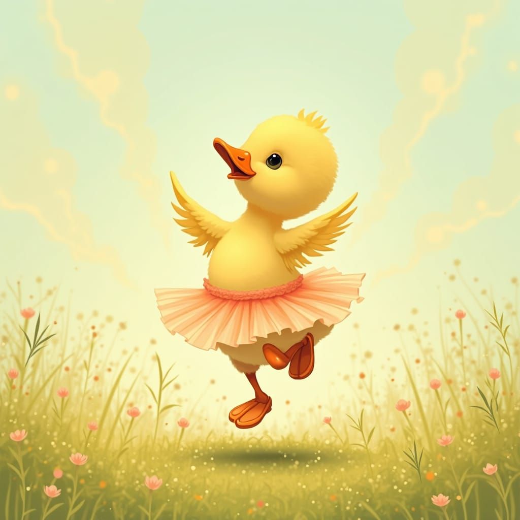 Dancing Duckling in Sunny Meadow, Whimsical Art