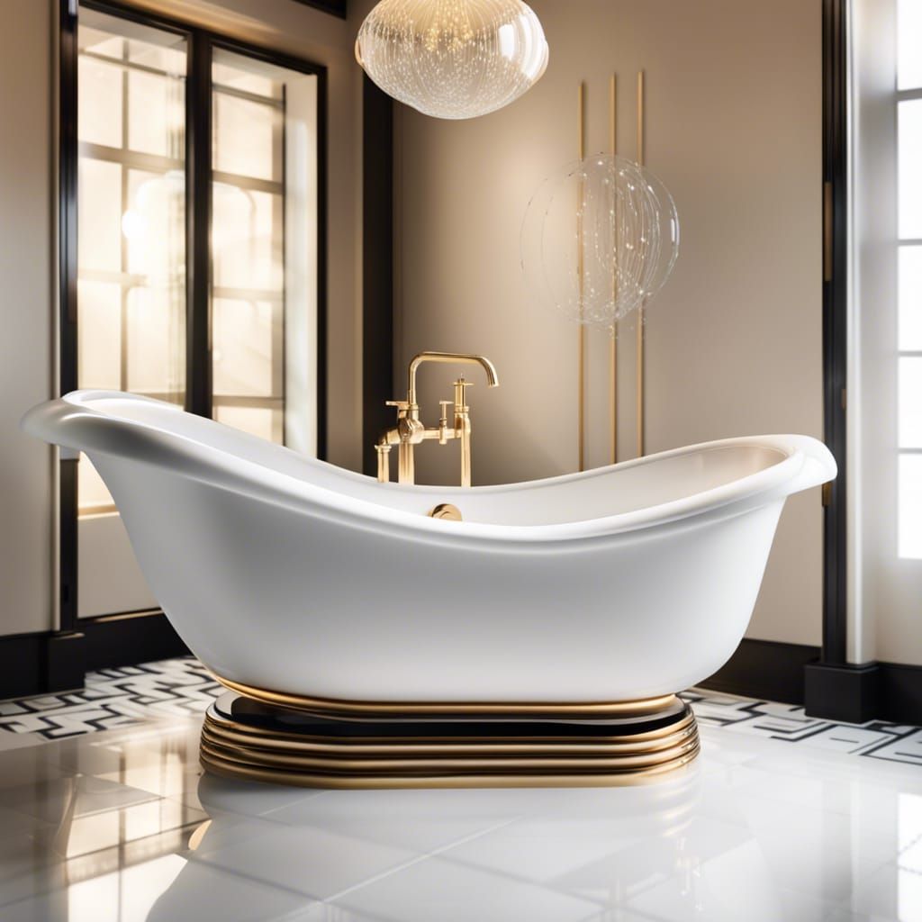 White free standing art deco bathtub filled with soap bubble...