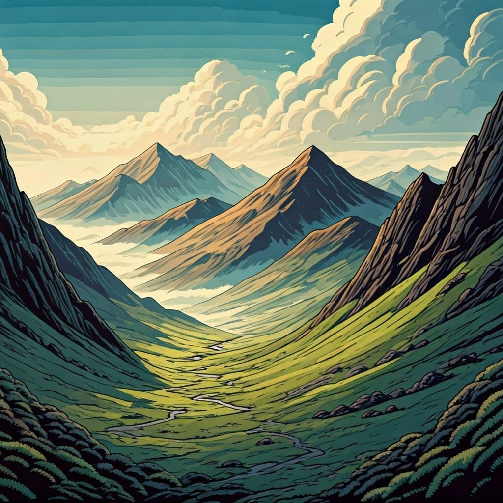 Rugged Welsh Mountains in Modern Wood Engraving Style