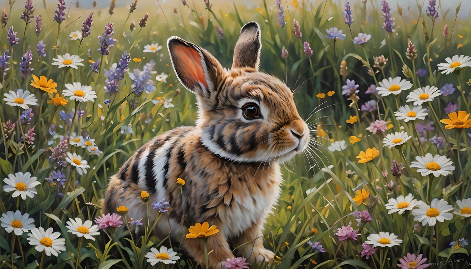 Striped Rabbit in Irish Flower Field: Pastel Art