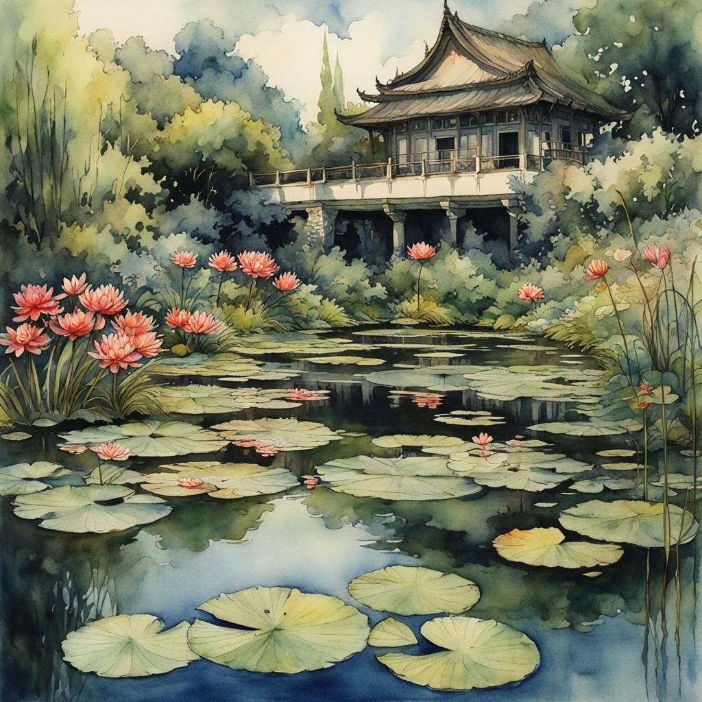 Colorful Anime Waterlilies in Watercolor Style