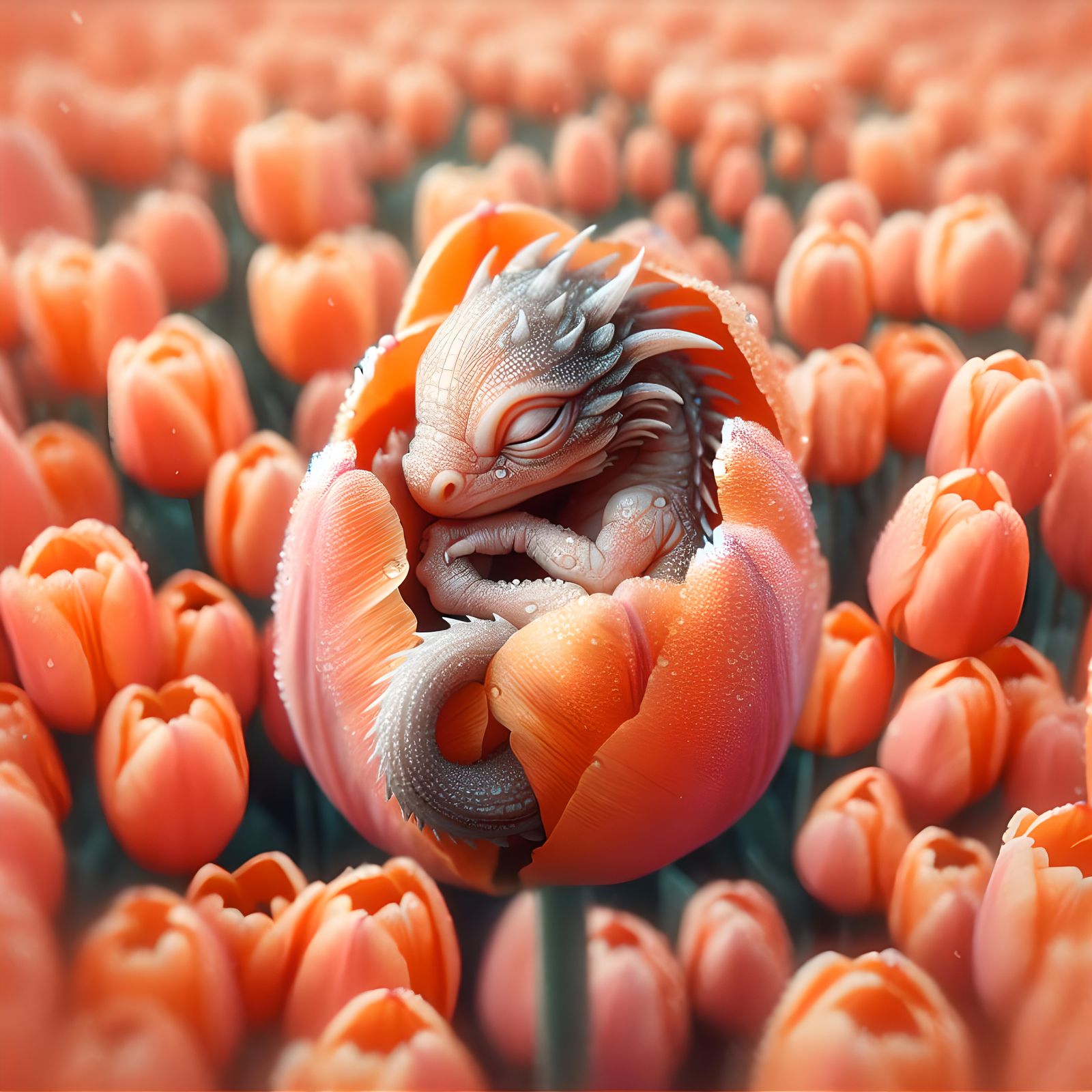 Baby Dragon Asleep in Tulip, Watercolor Style