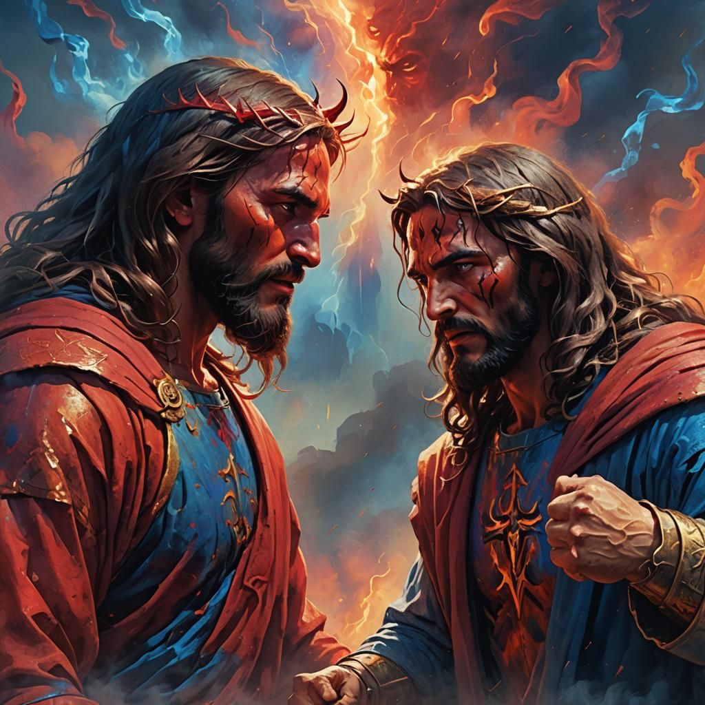 Epic Showdown: Jesus vs Devil in Digital Painting