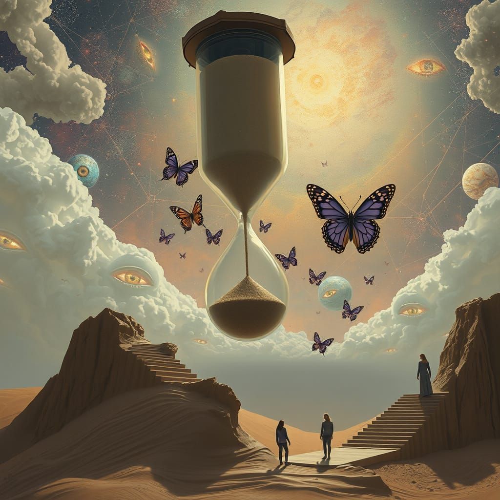 Hourglass of Butterflies in Surreal Landscape