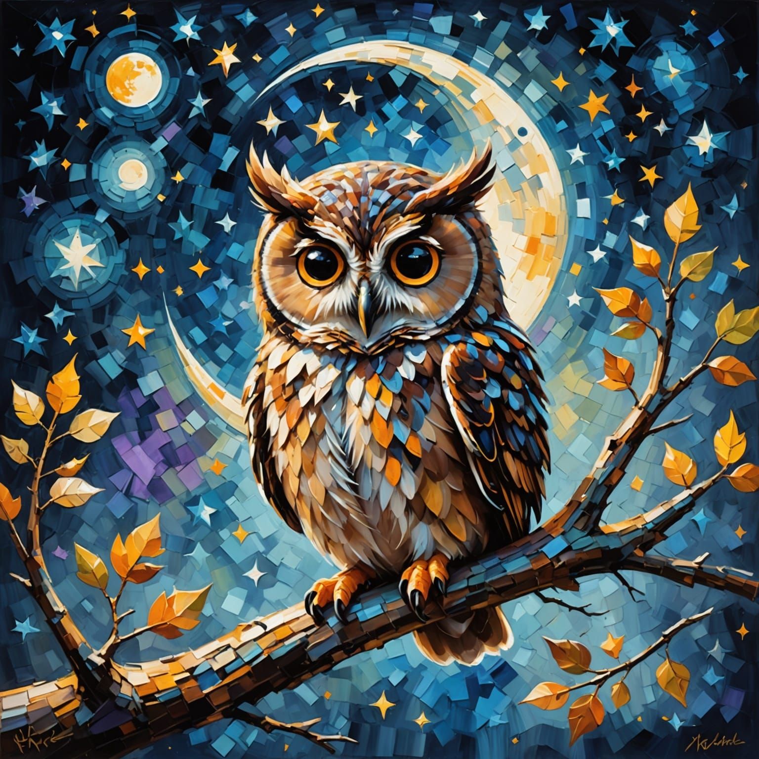 Cute Owl Dreams Under Starry Sky Oil Painting
