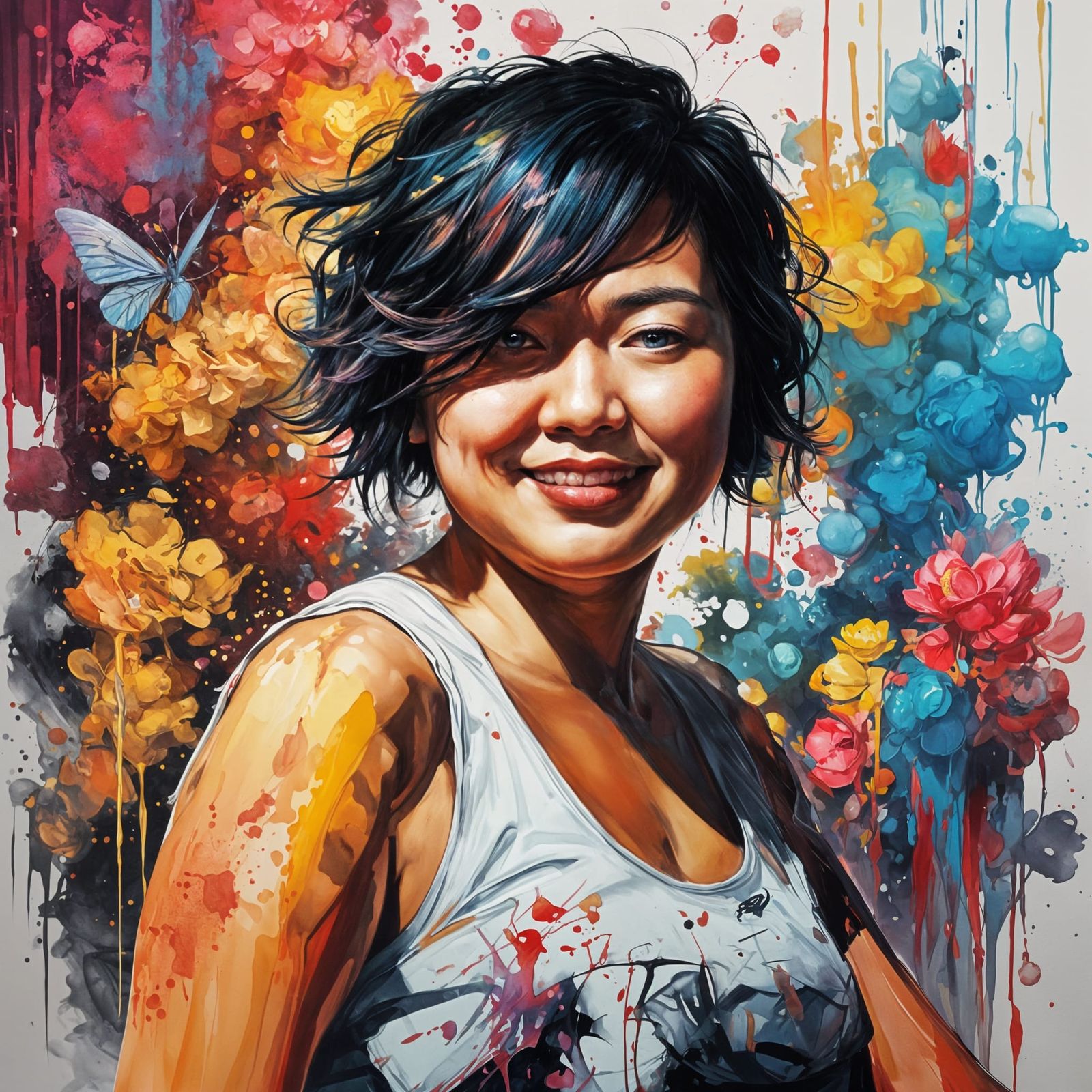 Graffiti Art of Confident Plus-Sized Beauty with Flowers