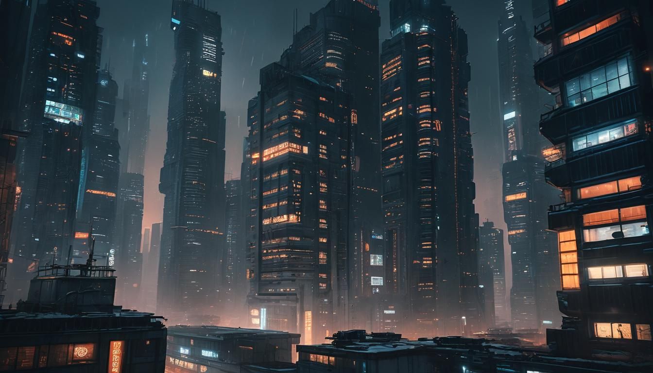 Cyberpunk Cityscape in a Futuristic, Frostbitten Metropolis