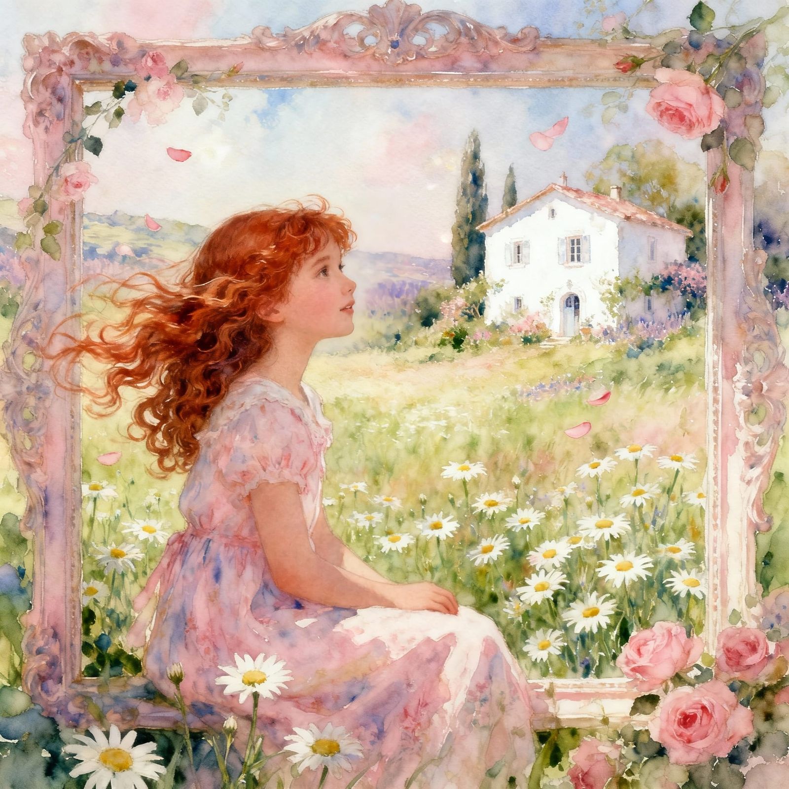 Young Girl in Provençal Landscape, Watercolor Style
