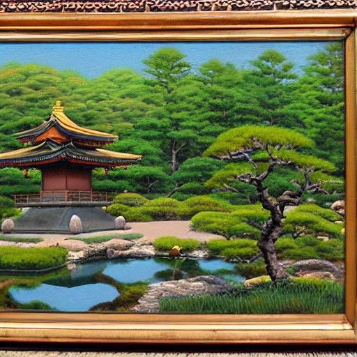 Japanese Zen Garden in Oil Painting Style