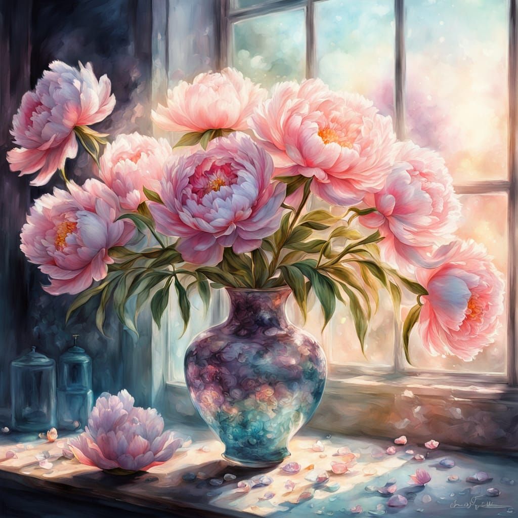 Bioluminescent Peony Blossoms in Glass Art