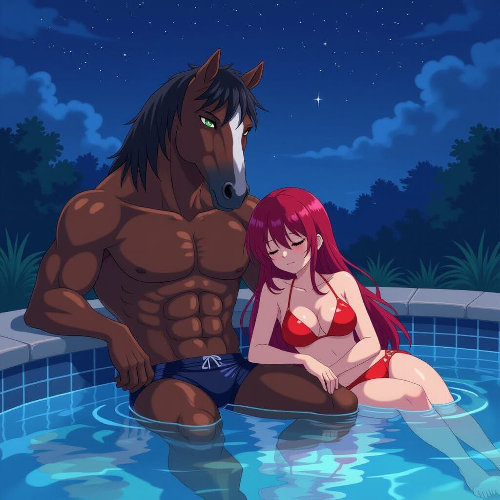 Anime-Style Centaur Relaxing Poolside Under the Stars