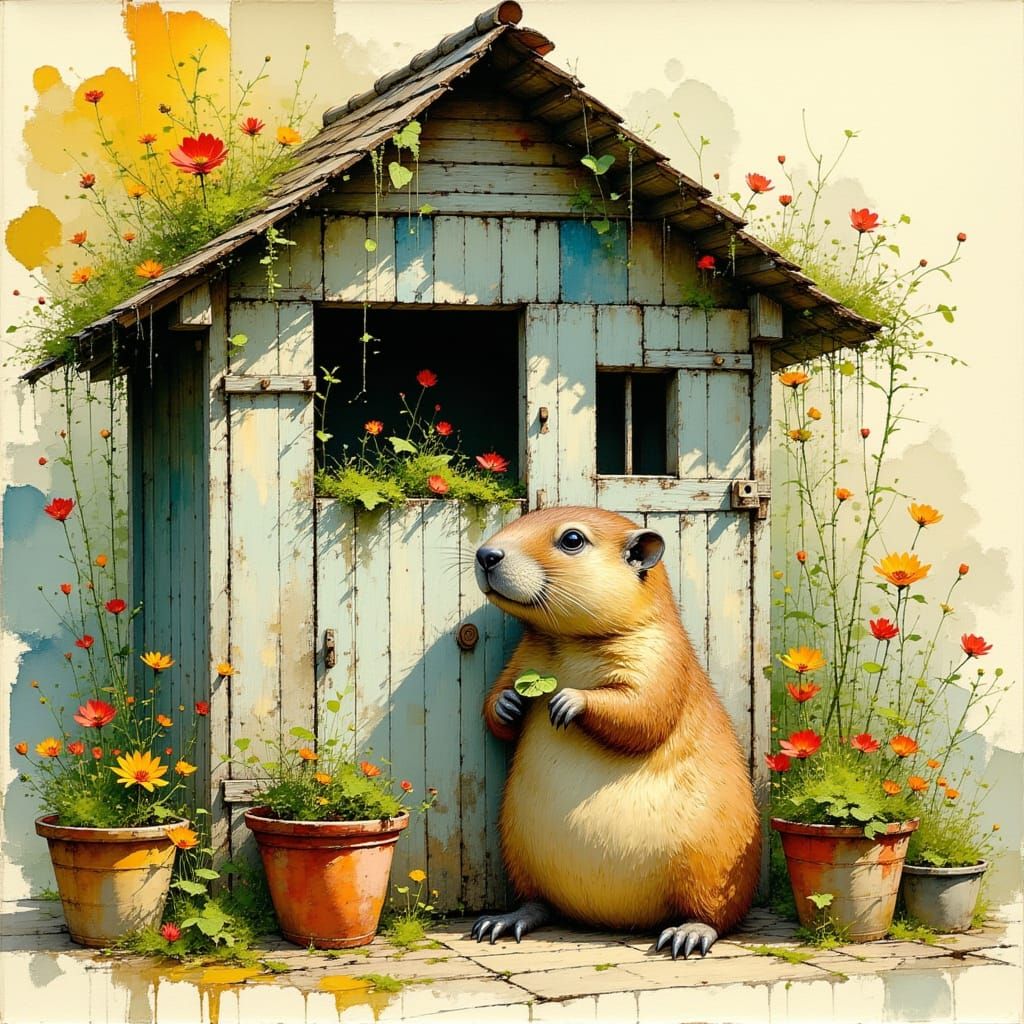 Groundhog in Front of Whimsical Garden Shed in Watercolor St...