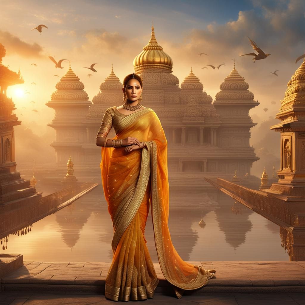Jennifer Lopez in Golden Saree with Temple