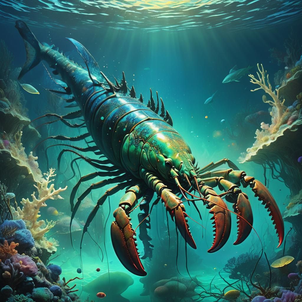 Mystical Lobster-Shark Emerges in Surreal Ocean
