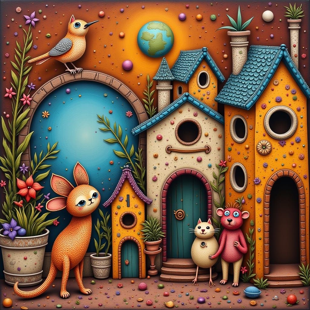 Surreal Whimsical Wonderland of Birds and Tiny Houses