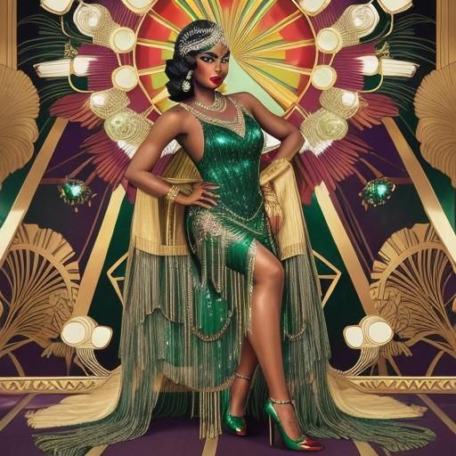 Art Deco Woman in Flapper Gown with Jewel Headdress