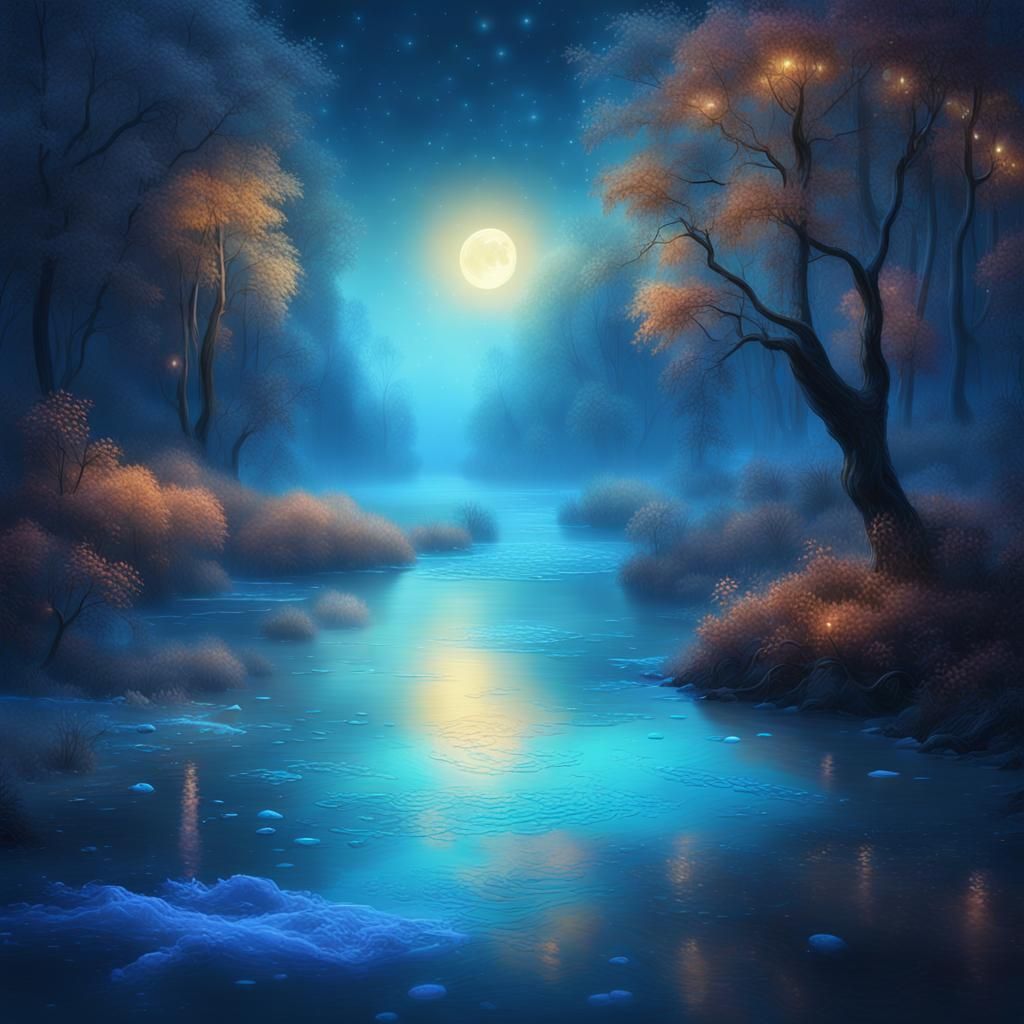 Ethereal River Under Starfall in Surreal Landscape