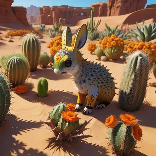 Desert Jackrabbit with Blooming Cactus, Detailed Concept Art