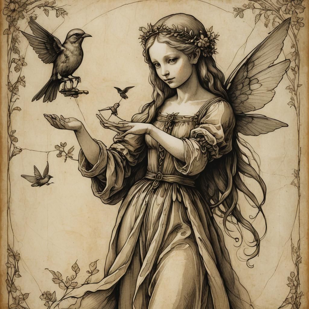 Fairy Holding Bird in Renaissance Style