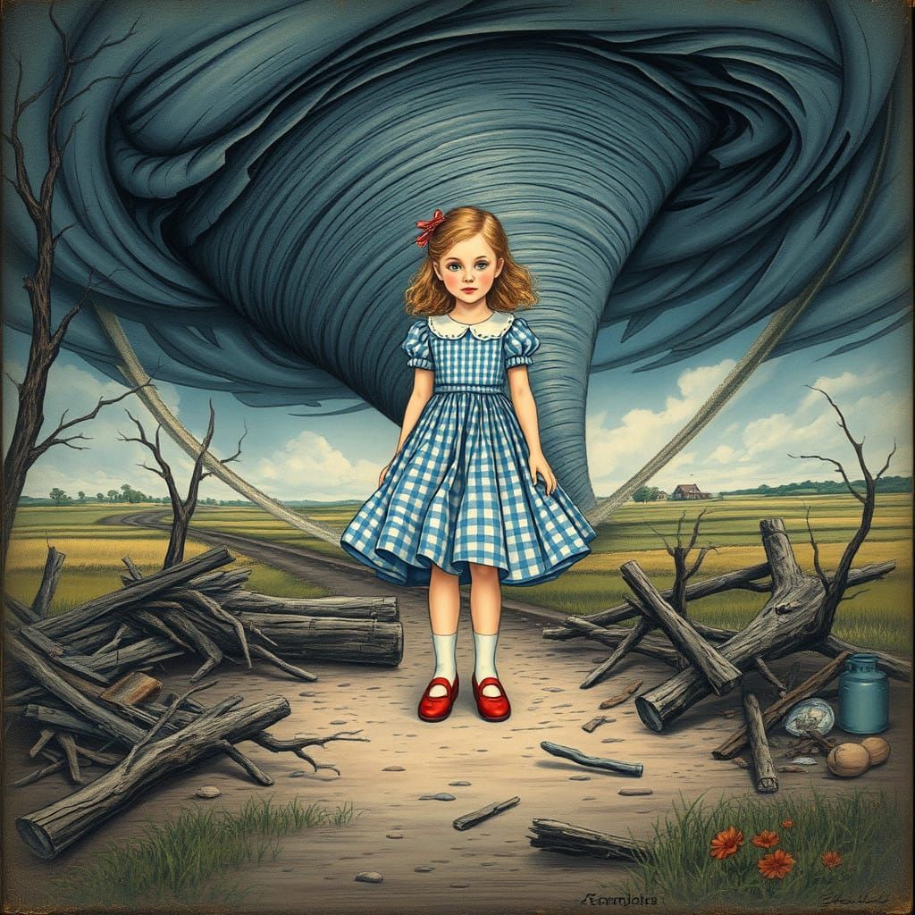 Young Girl Stands Amidst Tornado in Vintage-Style Illustrati...